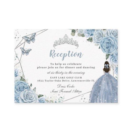 Baby Blue Floral Silver Quinceañera Reception Enclosure Card