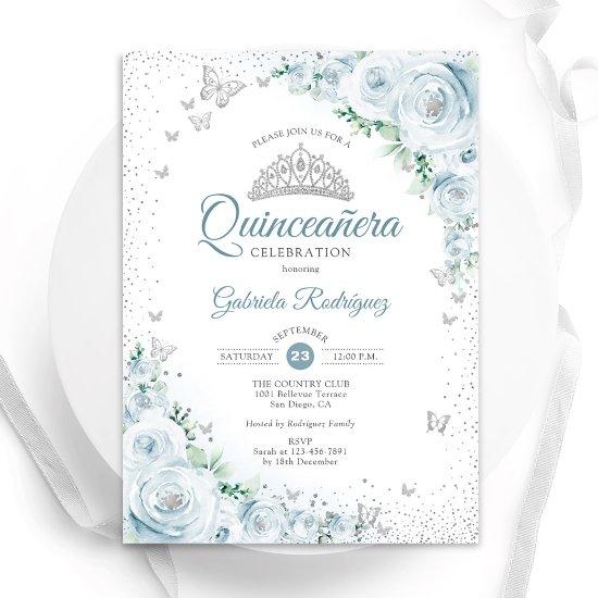 Baby Blue Floral Watercolor Roses Quinceanera
