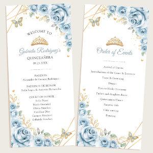 Baby Blue Gold Floral Quinceanera Order of Events Program