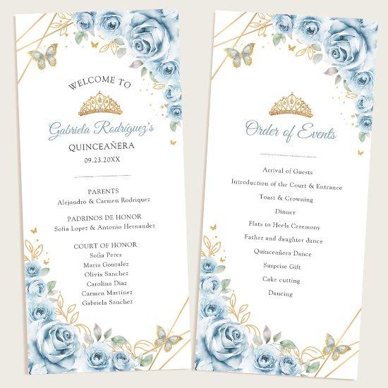 Baby Blue Gold Floral Quinceanera Order of Events Program