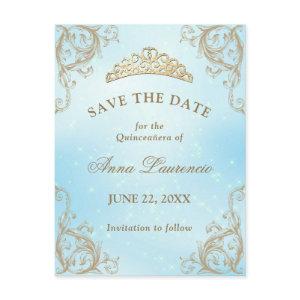 Baby Blue Light Gold Quinceanera Save The Date Postcard