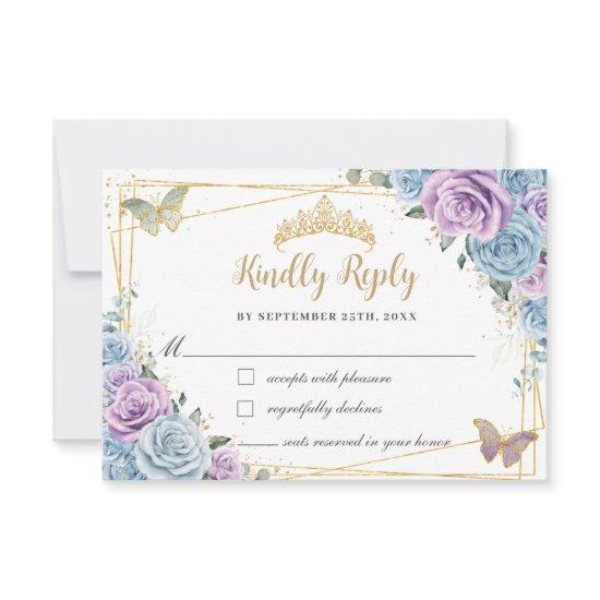 Baby Blue Purple Lilac Floral Quinceañera Sweet 16 RSVP Card