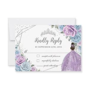Baby Blue Purple Lilac Floral Silver Quinceañera RSVP Card
