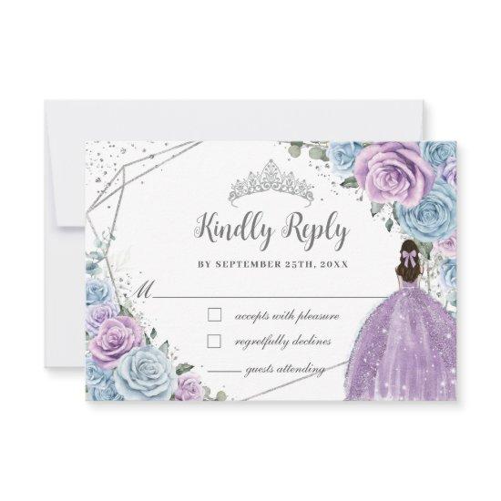 Baby Blue Purple Lilac Floral Silver Quinceañera RSVP Card