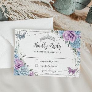 Baby Blue Purple Lilac Floral Silver Quinceañera RSVP Card