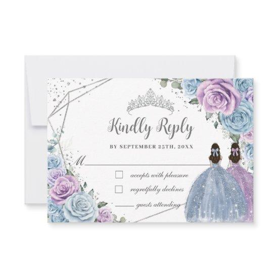 Baby Blue Purple Lilac Floral Twins Quinceañera RSVP Card
