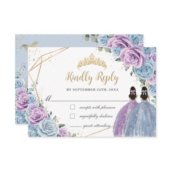 Baby Blue Purple Lilac Floral Twins Quinceañera RSVP Card