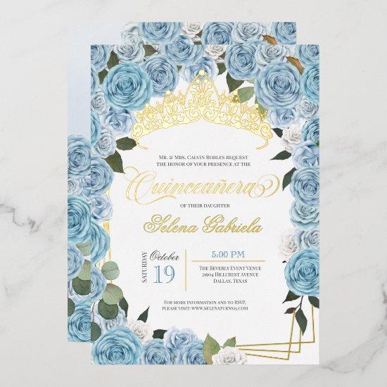 Baby Blue Roses Princess Quinceanera Real Gold Foil