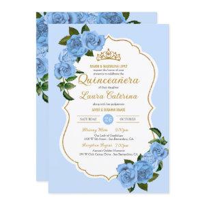 Baby Blue Roses White and Gold Elegant Quinceanera