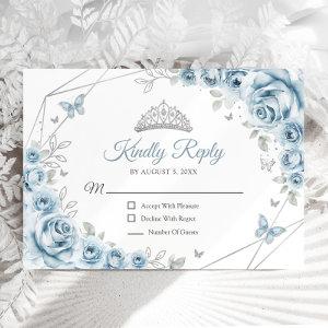 Baby Blue Silver Floral Quinceanera Reply RSVP Card