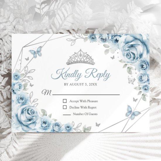 Baby Blue Silver Floral Quinceanera Reply RSVP Card