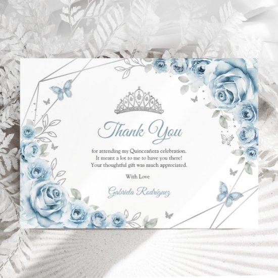 Baby Blue Silver Floral Quinceanera Thank You Card