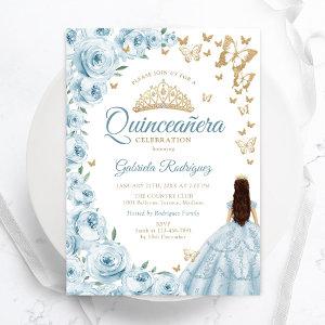 Baby Blue Watercolor Floral Gold Quinceanera