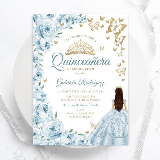 Baby Blue Watercolor Floral Gold Quinceanera