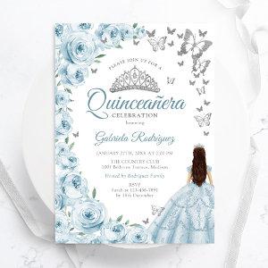 Baby Blue Watercolor Floral Silver Quinceanera
