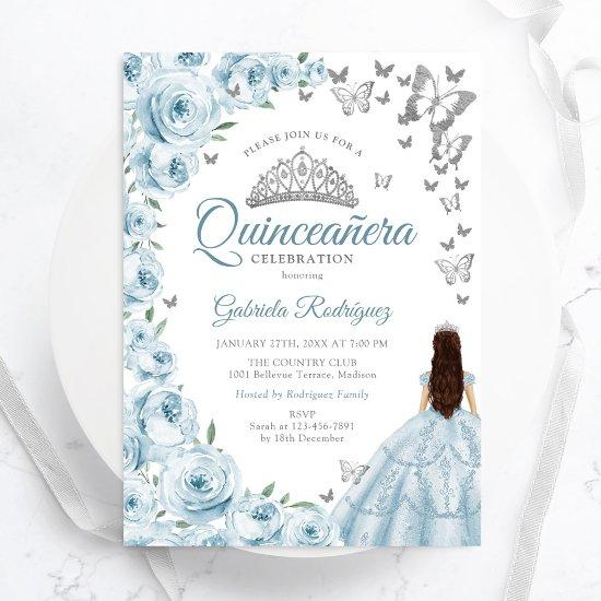 Baby Blue Watercolor Floral Silver Quinceanera