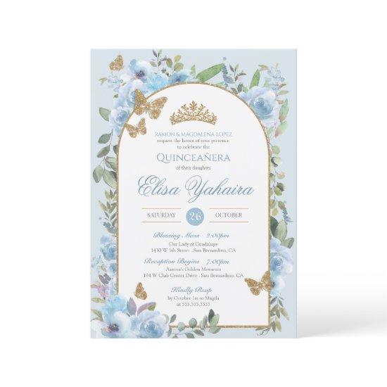 Baby Blue Watercolor Golden Butterfly Quinceanera