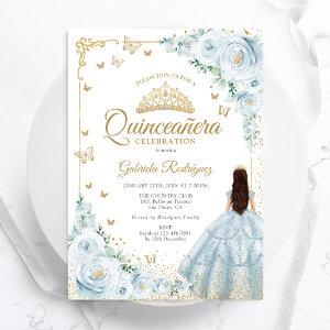 Baby Blue Watercolor Roses Gold Quinceanera