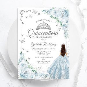 Baby Blue Watercolor Roses Silver Quinceanera