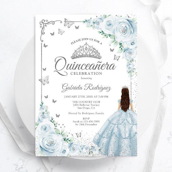 Baby Blue Watercolor Roses Silver Quinceanera