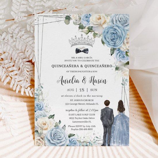 Baby Blue White Floral Twins Boy Girl Quinceañera