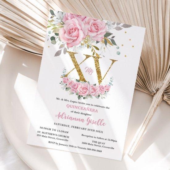 Baby Pink Floral Gold XV Quinceañera Quince 15