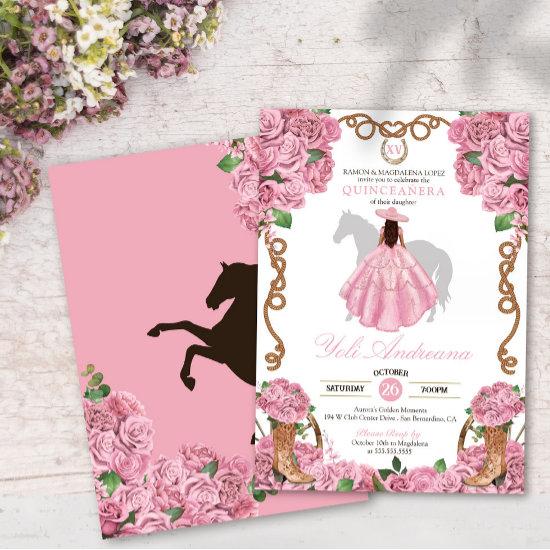 Baby Pink Rose Floral Western Charra Quinceanera
