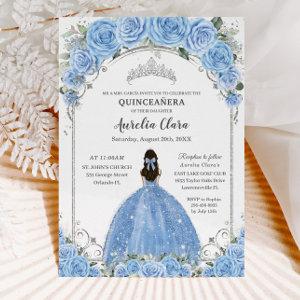 Bahama Sky Blue Floral Dress Silver Quinceañera