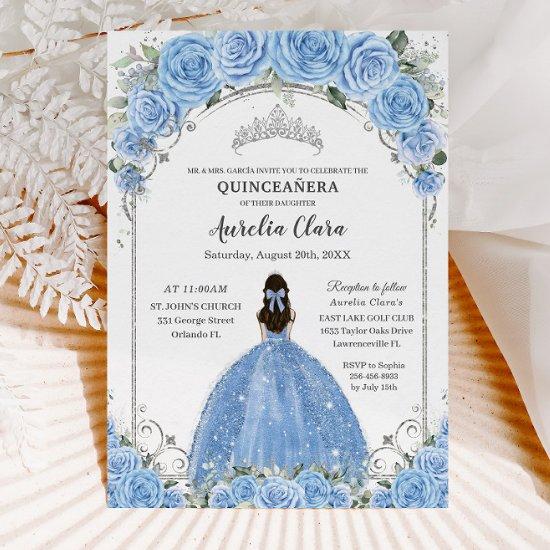 Bahama Sky Blue Floral Dress Silver Quinceañera