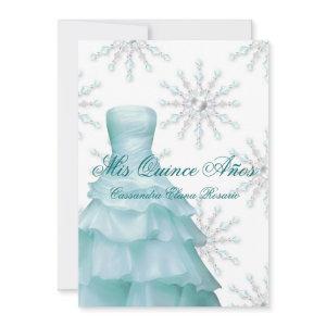 Ball Gown Teal Blue Winter Snowflakes Quinceanera RSVP Card