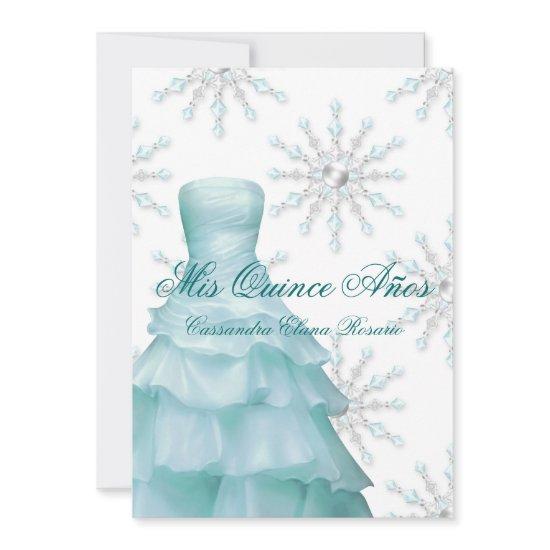 Ball Gown Teal Blue Winter Snowflakes Quinceanera RSVP Card
