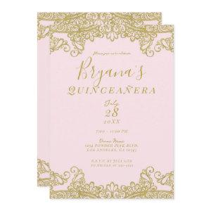Ballerina Pink Gold Glitter Lace Quinceañera