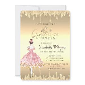 Ballerina,Tiara,Glitter Drips Gold Quinceañera