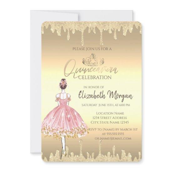 Ballerina,Tiara,Glitter Drips Gold Quinceañera