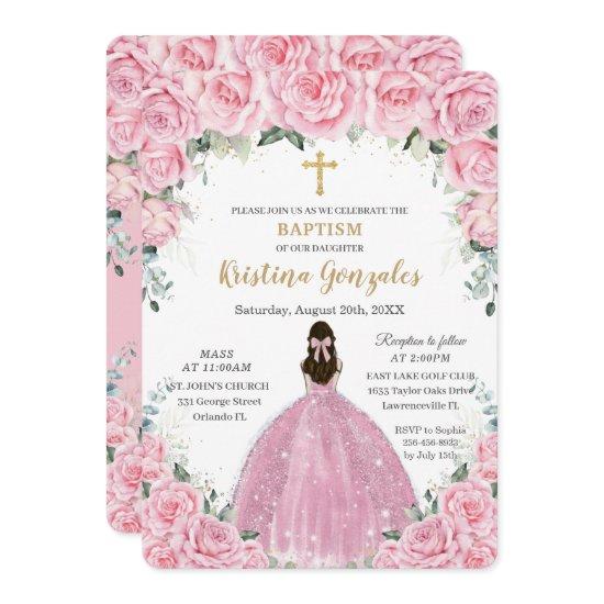 Baptism Christening Girl Pink Floral Gold Cross