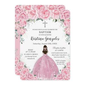 Baptism Christening Girl Pink Floral Silver Cross