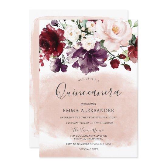 Beautiful Blush Watercolor Botanical Quinceanera