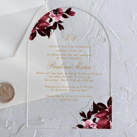 Beautiful Burgundy Floral Formal Quinceañera Acrylic
