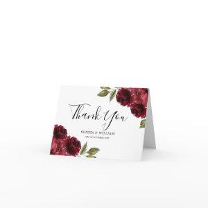 Beautiful Elegant Burgundy Red Flowers Wedding Thank You Card
