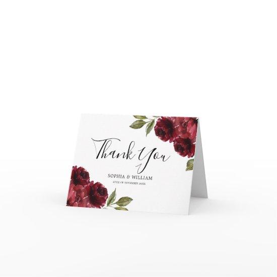 Beautiful Elegant Burgundy Red Flowers Wedding Thank You Card