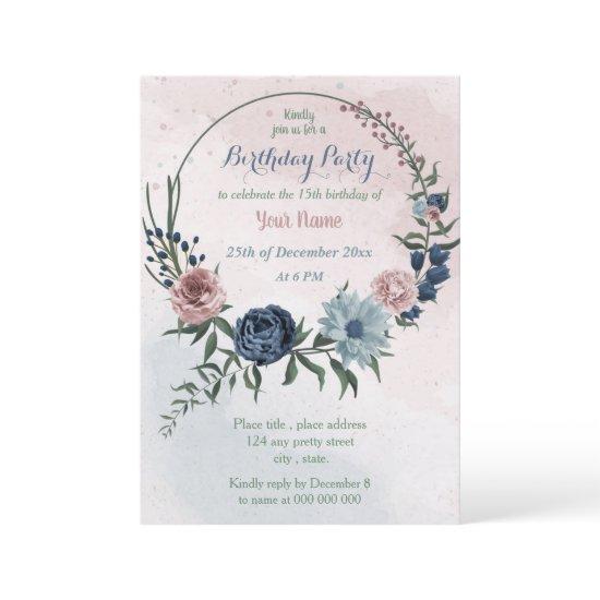 beautiful pink blue floral wreath birthday party
