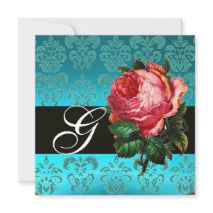 BEAUTIFUL PINK ROSE  BLUE BLACK DAMASK MONOGRAM