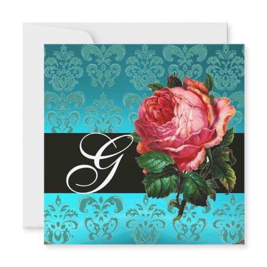 BEAUTIFUL PINK ROSE  BLUE BLACK DAMASK MONOGRAM