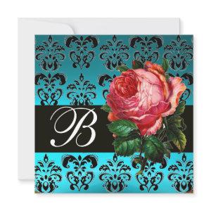 BEAUTIFUL PINK ROSE  BLUE BLACK DAMASK MONOGRAM