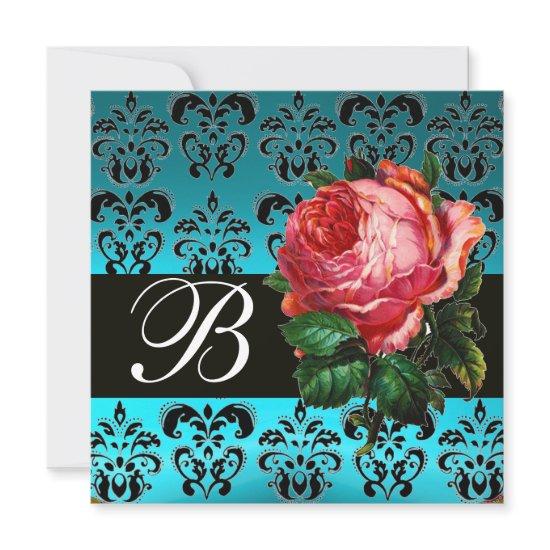 BEAUTIFUL PINK ROSE  BLUE BLACK DAMASK MONOGRAM