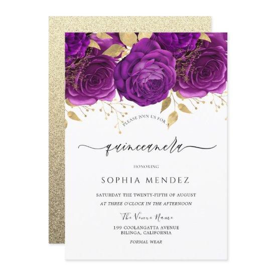 Beautiful Purple & Gold Floral Sparkle Quinceanera