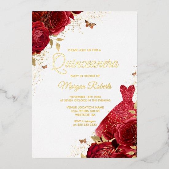 Beautiful Red Roses & Dress Gold Foil Quinceanera Foil