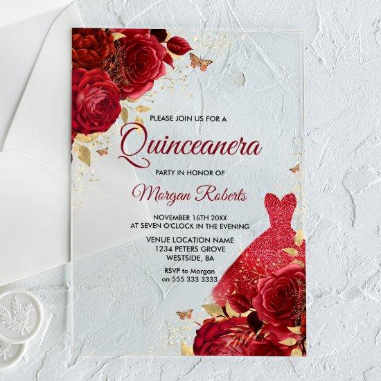Beautiful Red Roses Sparkle Dress Quinceanera Acrylic