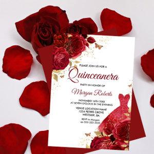 Beautiful Red Roses Sparkle Dress Quinceanera