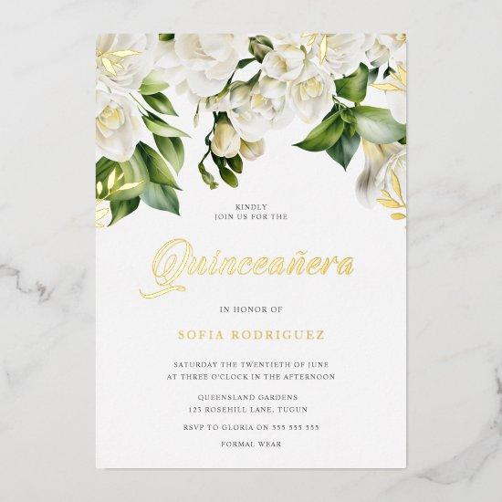 Beautiful White Flowers Quinceanera Party Gold Foil